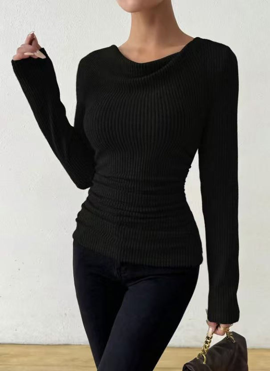 Damen nan eng anliegendes Rippenstrick-Longsleeve mit geraffter Taille EB