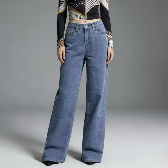 Damen Weite High-Waist Jeans mit klassischem Schnitt und ausgefransten Säumen EB