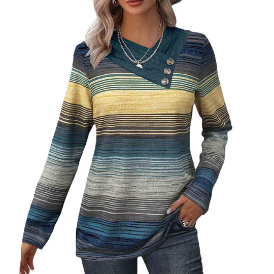 Damen elegantes Langarmshirt mit modernem Streifenmuster und Knopfdetails EB