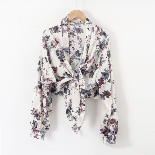 Damen nan florale Knoten-Bluse im Wickelstil mit Ballonärmeln und leichter Leinenoptik EB