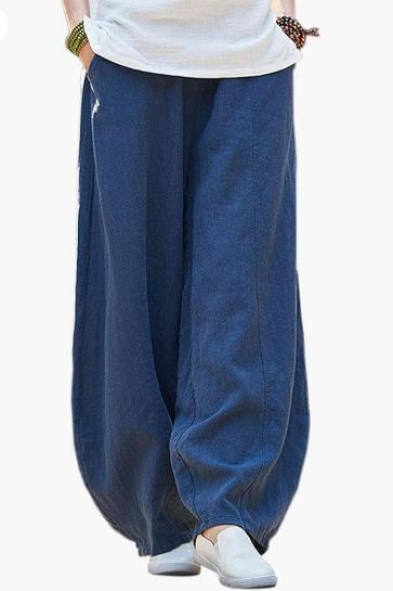 Damen weite Leinenhose mit elastischem Bund und praktischen Taschen EB