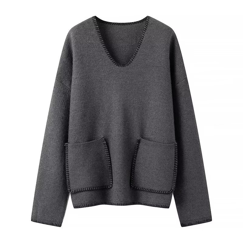 Damen lässiger Strickpullover mit V-Ausschnitt und praktischen Taschen EB