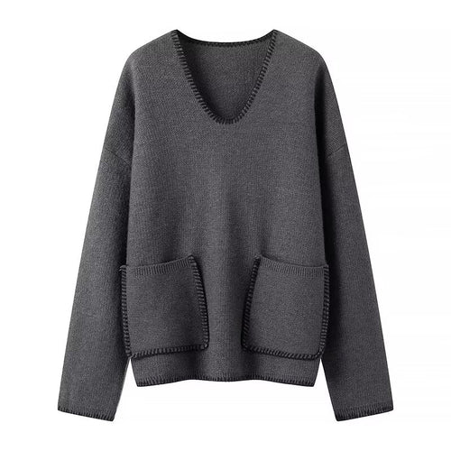 Damen lässiger Strickpullover mit V-Ausschnitt und praktischen Taschen EB