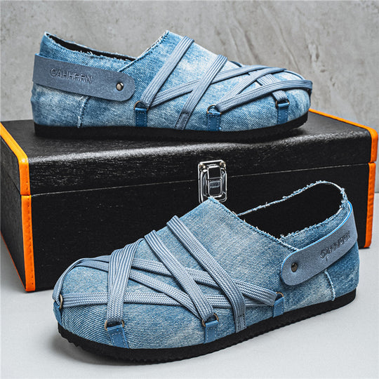Herren lässige Slipper im Denim-Look mit elastischen Riemen, verstellbarem Fersenriemen und profilierter Gummisohle EB