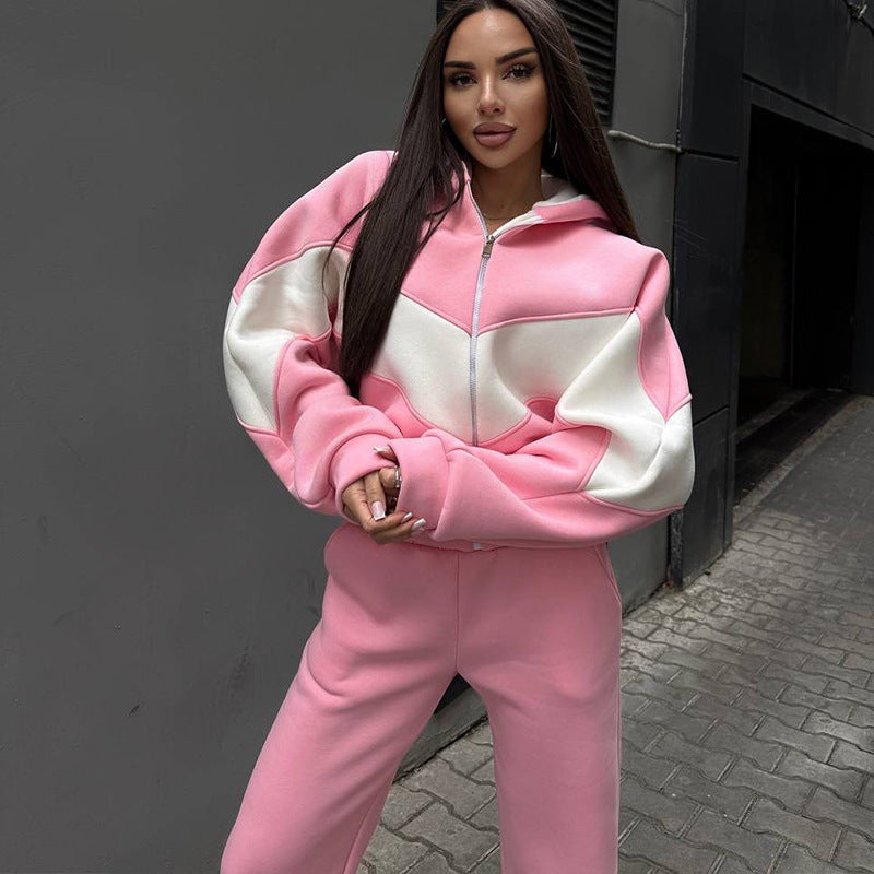 Damen Athleisure-Zweiteiler aus schwerem Neopren-Fleece mit geometrischen Teilungsnähten und hoher Taille EB