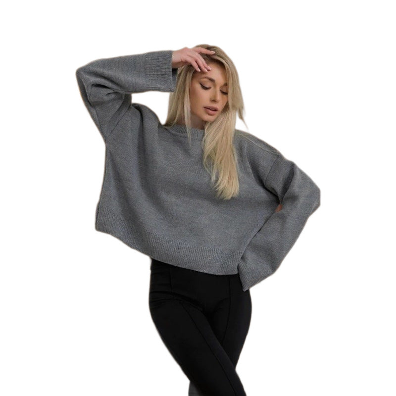 Damen cropped Strickpullover mit voluminösen Ärmeln und Rundhalsausschnitt EB