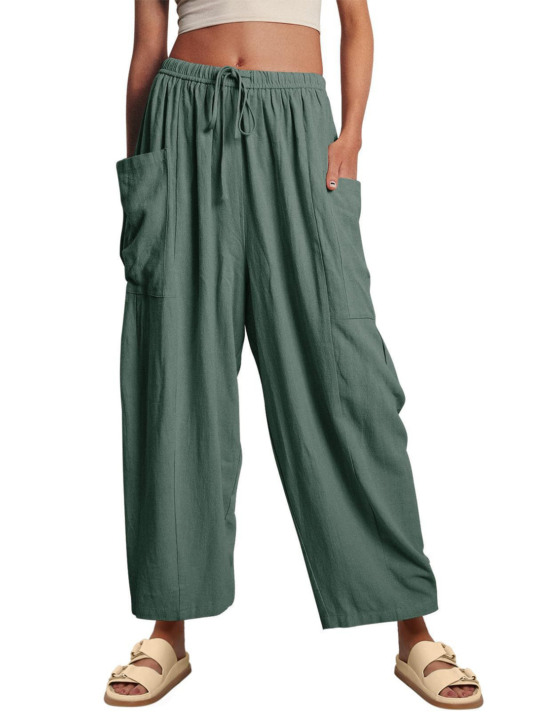 Damen nan weite Palazzohose aus leichtem Leinenmix mit Tunnelzug und seitlicher Tasche EB
