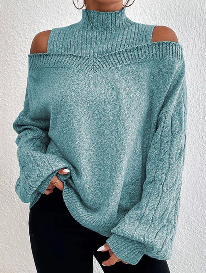 Damen nan schulterfreier Strickpullover mit Stehkragen und Zopfmusterärmeln EB