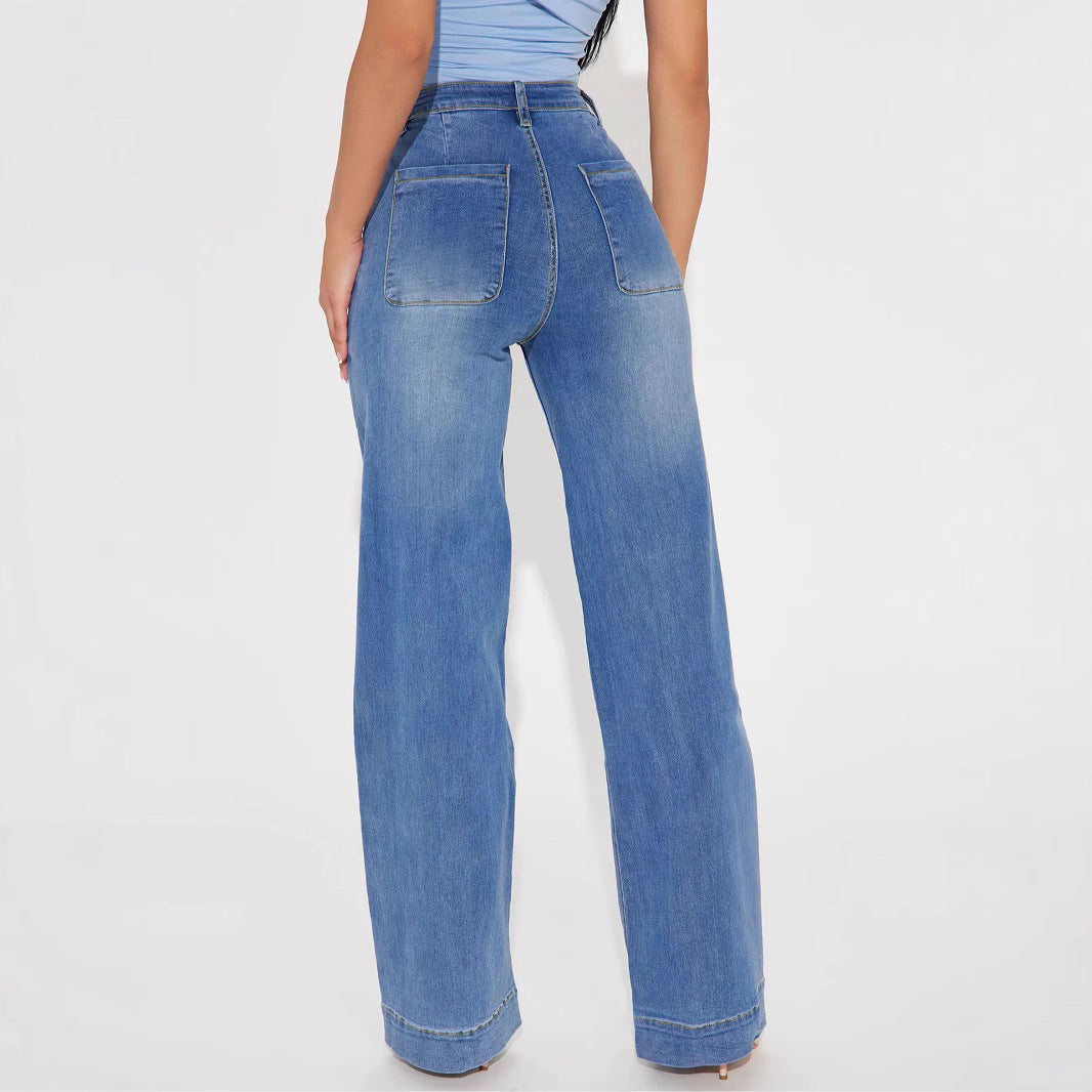 Damen Weite Denim-Hose mit hoch geschnittenem Bund und lässigem Schnitt EB