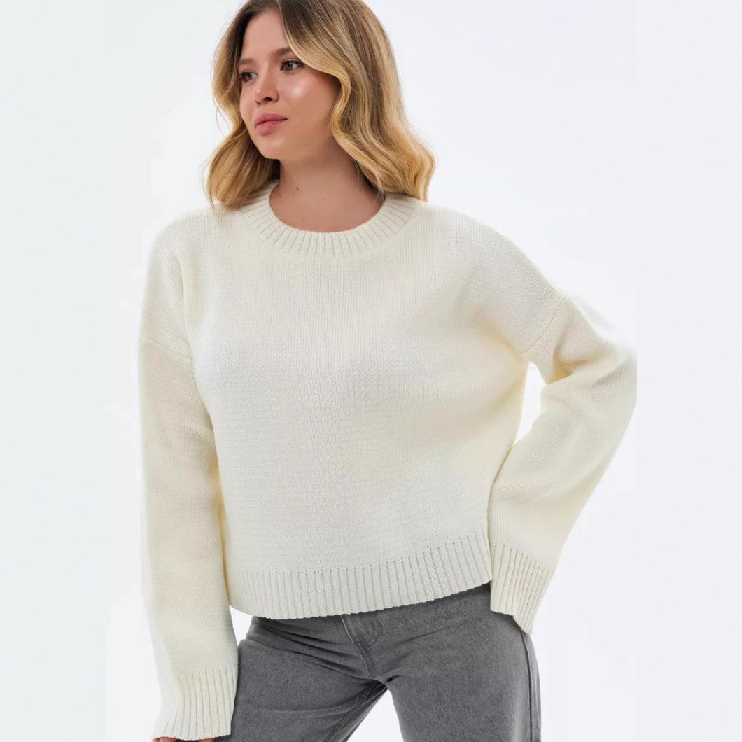 Damen gemütlicher Cropped-Pullover mit lässigen Ballonärmel und Rippstruktur EB