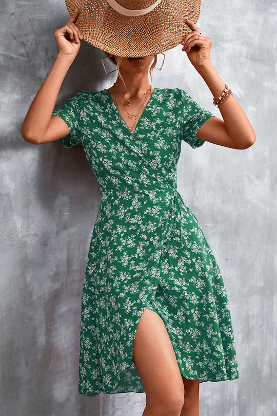 Damen Wickelkleid mit floralem Muster und seitlichem Schlitz EB