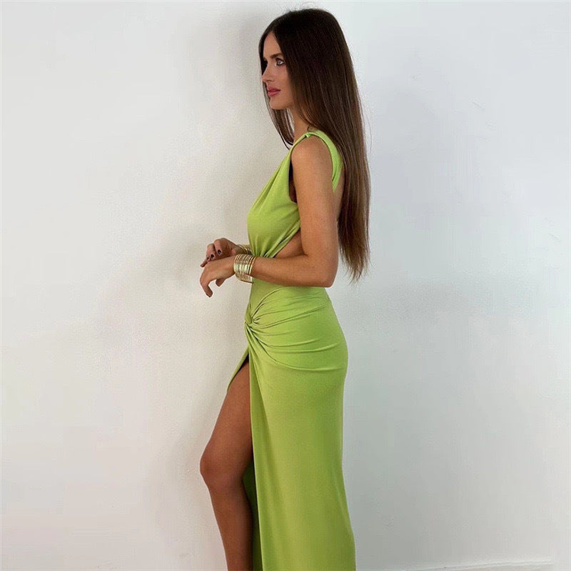 Damen Lange Maxikleid mit tiefem V-Ausschnitt und seitlicher Drapierung EB