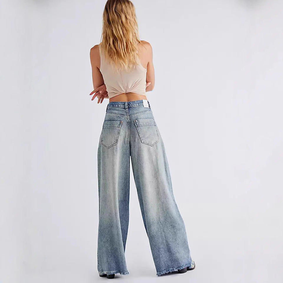 Damen nan extraweite High‑Waist Palazzo-Jeans aus Denim mit rohem Saum und Vintage-Waschung EB