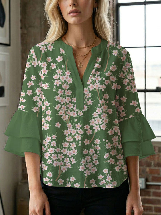 Damen Blusenshirt mit voluminösen Ärmeln und kreativem Druckdesign EB