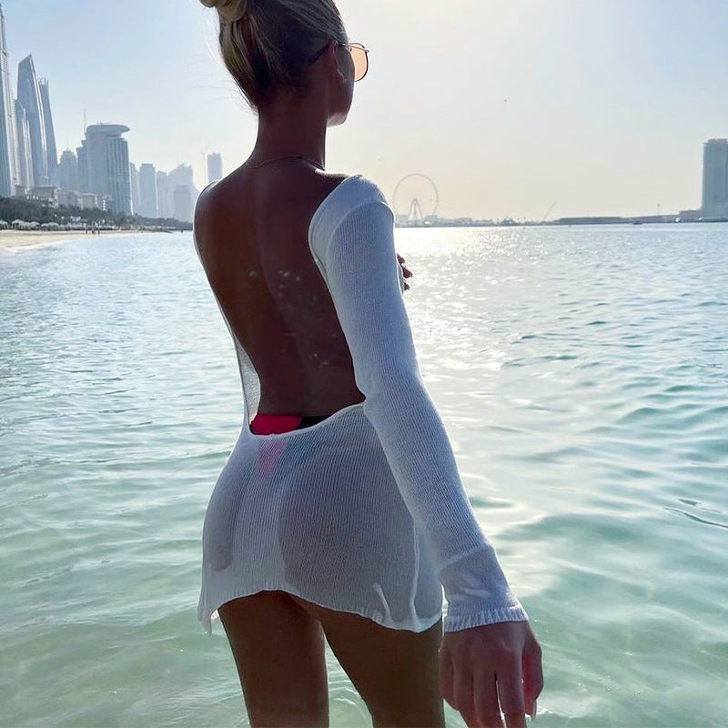 Damen luftiges Strick-Strandkleid mit transparentem Design und langen Ärmeln EB