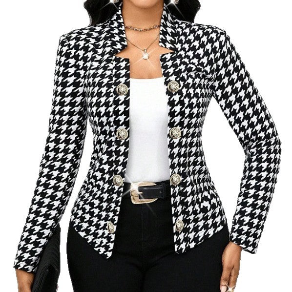 Damen Elegante Blazerjacke im Hahnentritt-Muster mit glänzenden Knöpfen EB