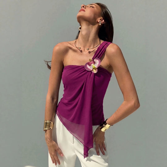Damen nan asymmetrisches Einschulter-Chiffon-Oberteil mit Drapierung und Zierbrosche EB