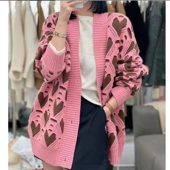 Damen Strickjacke mit einzigartigem Herzmuster und voluminösen Ärmeln EB