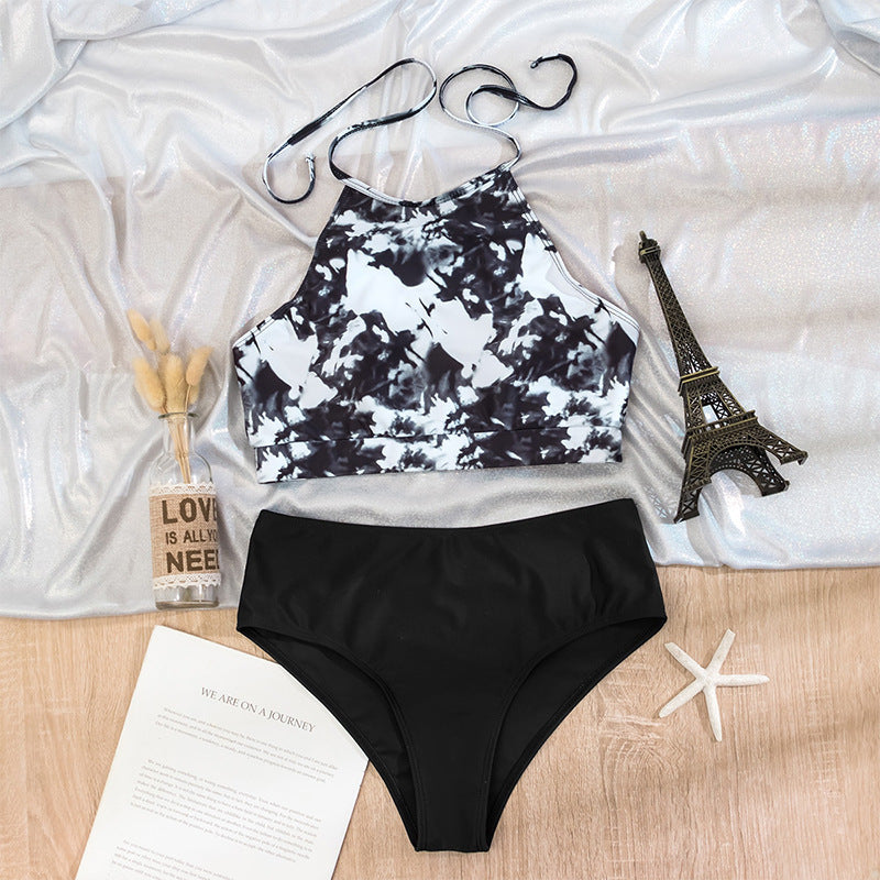 Damen Crop-Top Bikini mit hohem Kragen und floralen Mustern EB