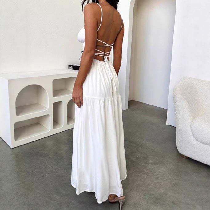 Damen Maxikleid mit verspielt geschnürtem Oberteil und fließendem Rock EB