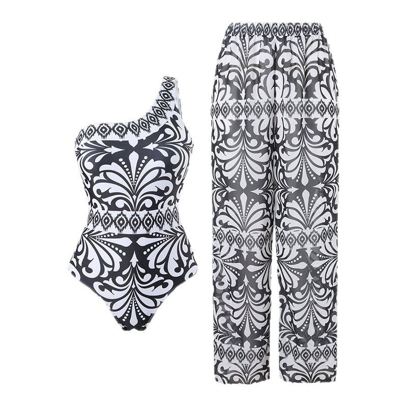 Damen einteiliger Badeanzug mit farbenfrohem Druck und passender Palazzo-Hose EB