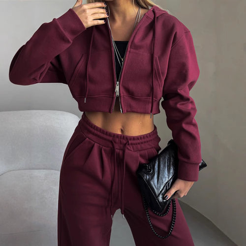 Damen stylisches Crop-Set aus Kapuzenpullover und bequemen Jogginghosen EB
