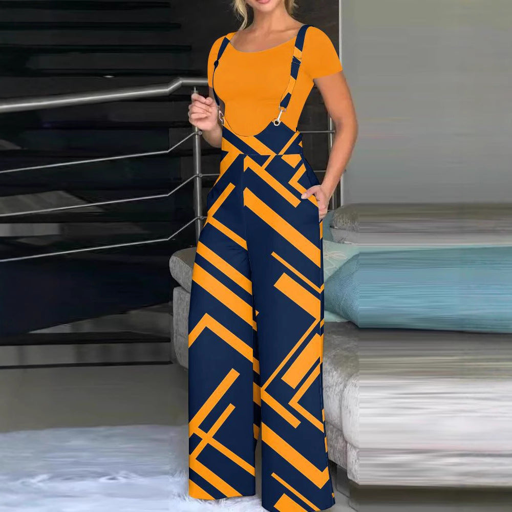 Damen modische Latzhose mit weitem Bein und buntem Grafikdesign EB