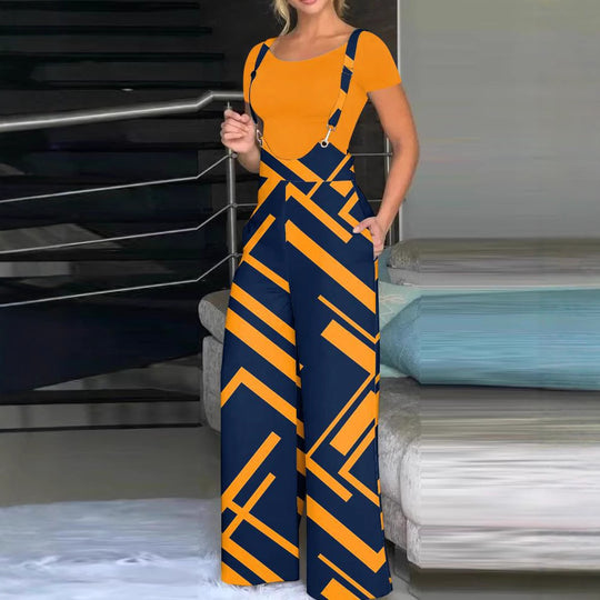 Damen modische Latzhose mit weitem Bein und buntem Grafikdesign EB