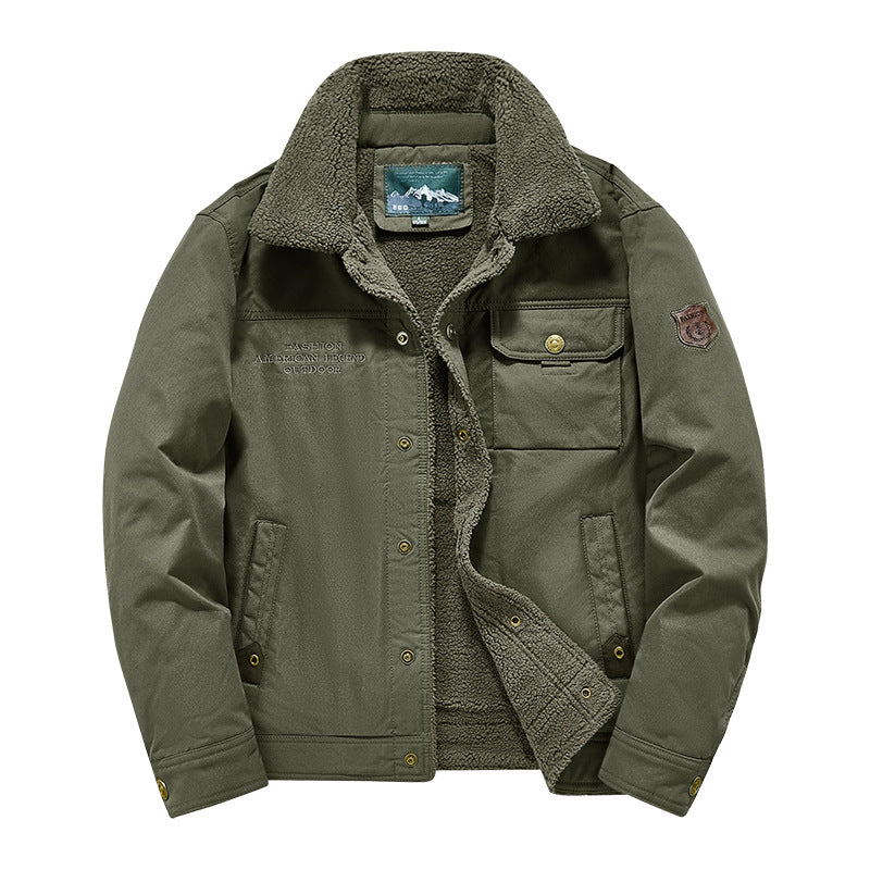 Men's  rugged sherpa-lined canvas chore jacket with stand collar and button-flap chest pocket EB