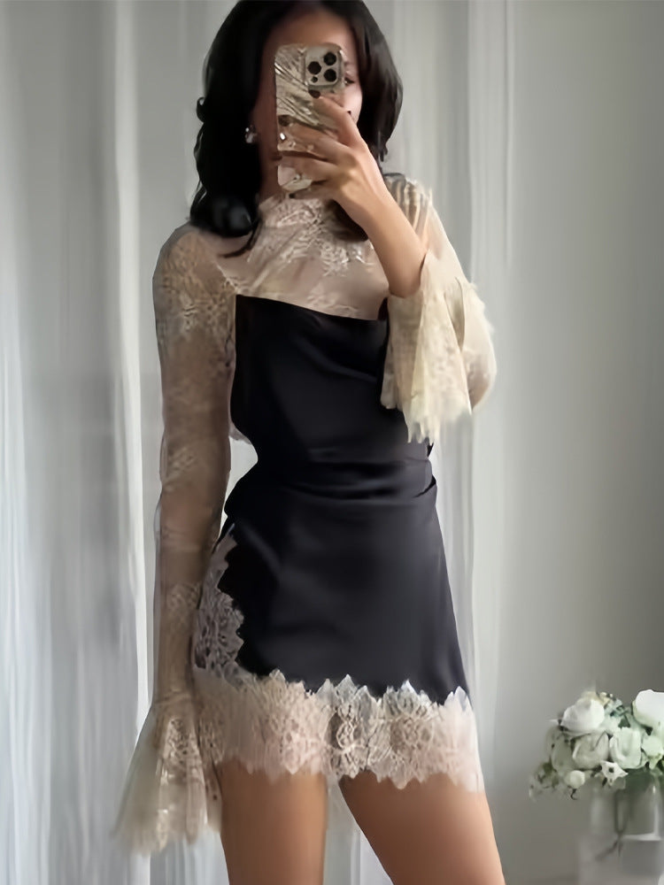 Damen Chiffon Abendkleid mit eleganten Spitzendetails und schwingenden Ärmeln EB