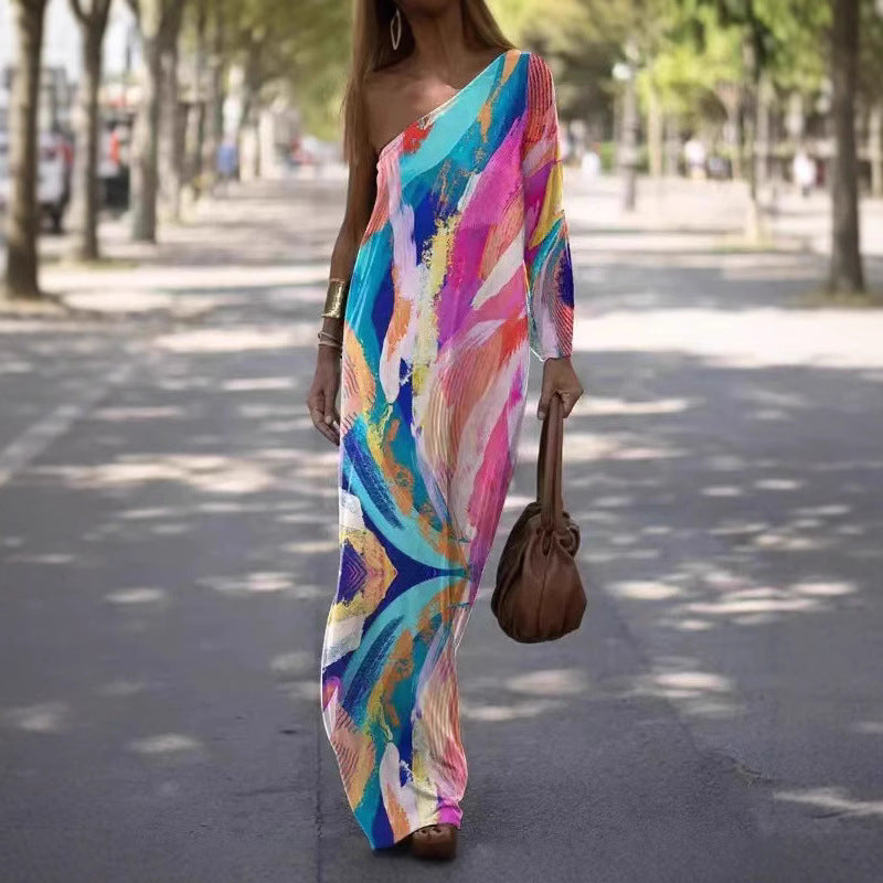 Damen Maxikleid mit asymmetrischem Schnitt und lebhaftem Farbdesign EB