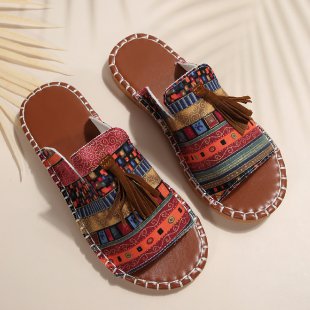 Damen bequeme Tangle-Sandalen mit buntem Stickdesign und Quasten EB
