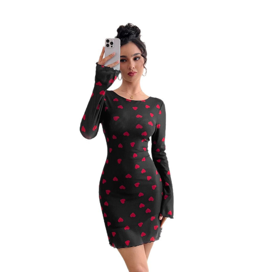 Damen Minikleid mit romantischem Herzmuster und langen Ärmeln EB