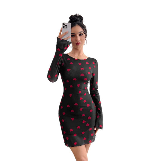 Damen nan figurbetontes Mini-Kleid aus feinem Netzstoff mit Herzmuster und Trompetenärmeln EB