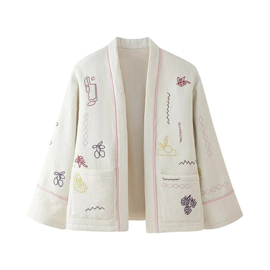 Damen gestickte Baumwolljacke mit großen Taschen und lässigem Schnitt EB