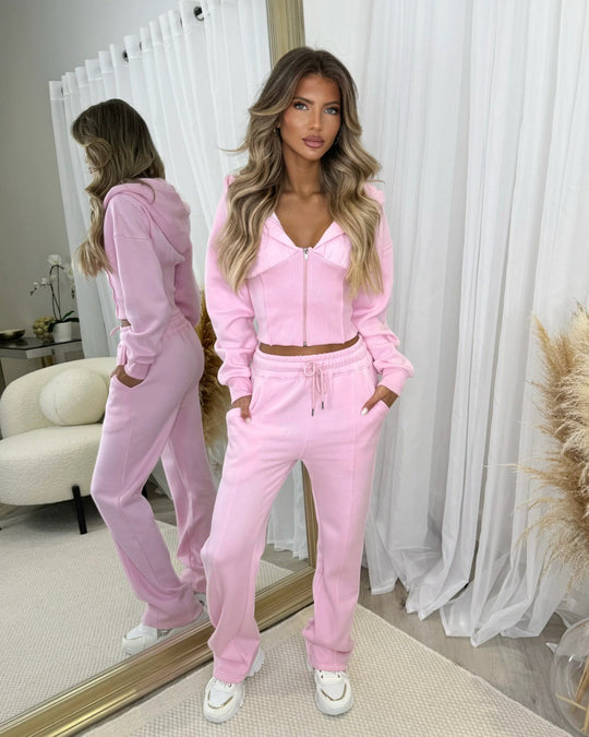 Damen Zweiteiler aus Sweat mit Cropped Kapuzenjacke und High-Waist Jogginghose EB