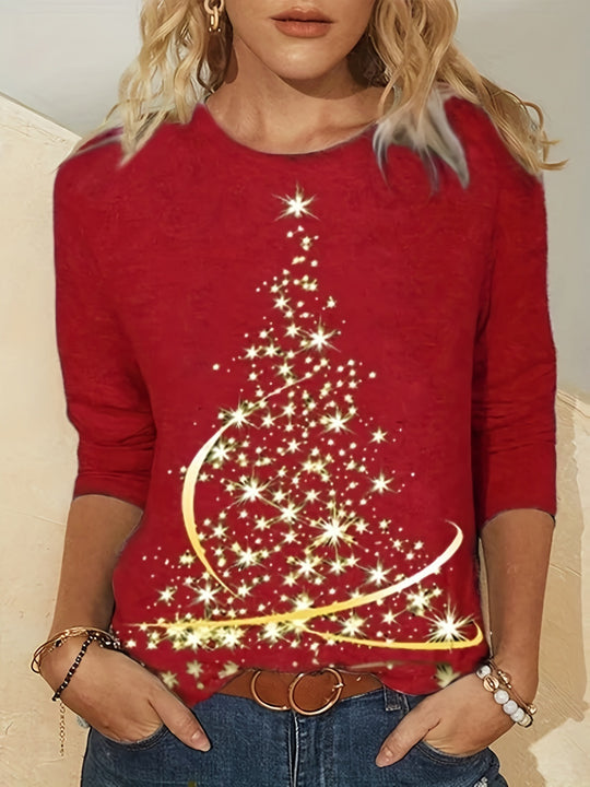 Damen lässiges Langarmshirt mit festlichem Weihnachtsbaumdesign EB