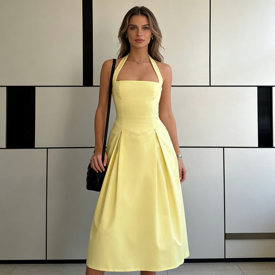 Damen Elegantes Midikleid mit tiefem V-Ausschnitt und stilvollem Faltenrock EB