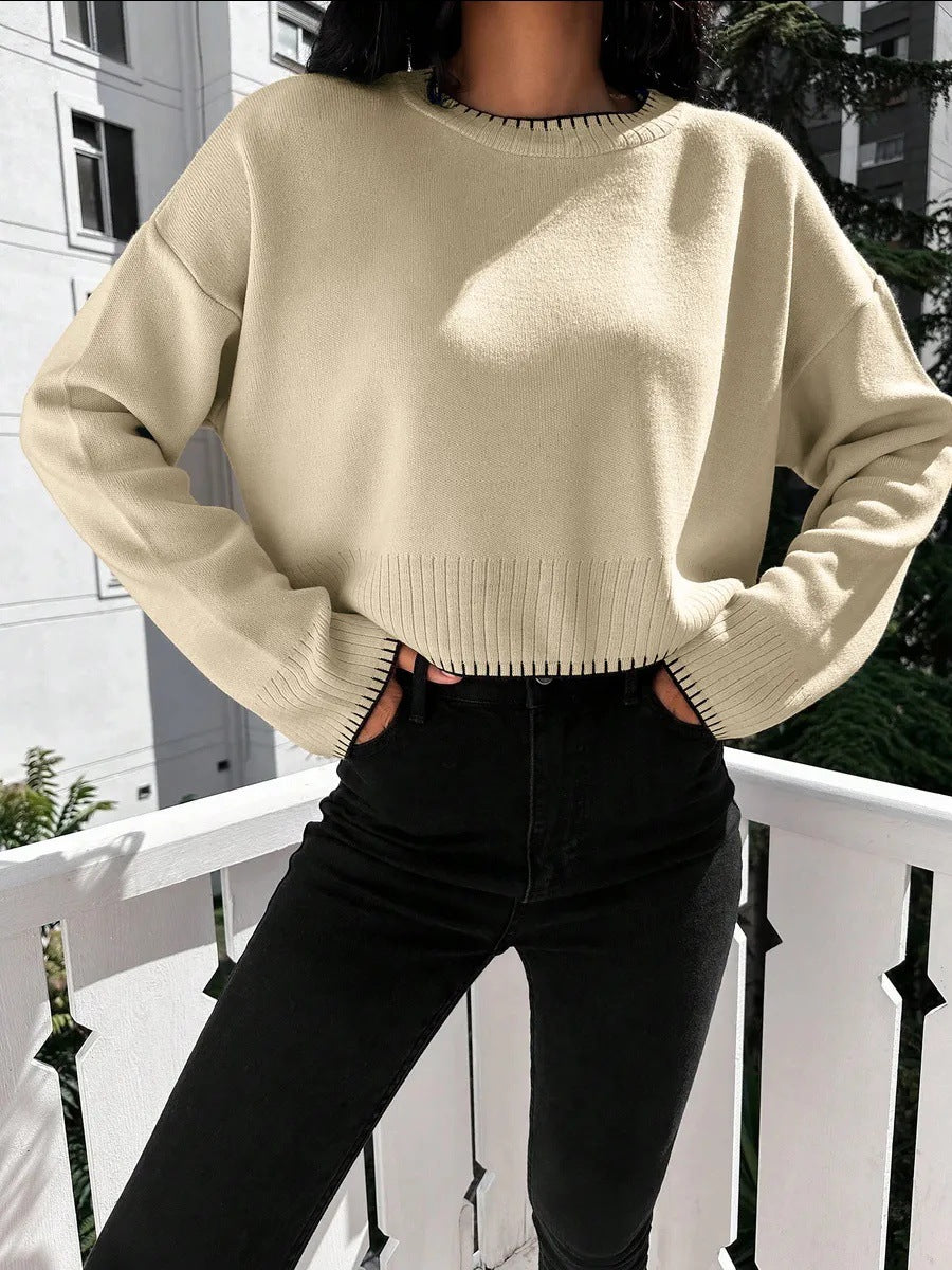 Damen lässiger Cropped Pullover mit feiner Rippstruktur und elastischem Bund EB