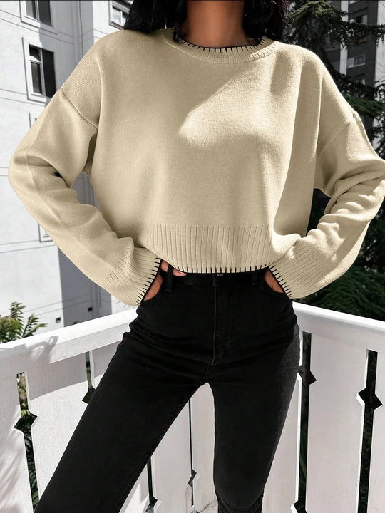 Damen lässiger Cropped Pullover mit feiner Rippstruktur und elastischem Bund EB