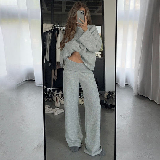 Damen nan kaschmirähnliches Strick-Lounge-Set mit Oversize-Pullover und weiten Palazzo-Hosen EB