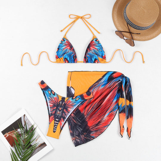 Damen Triangel-Bikini mit verspieltem Wickeldetail und buntem Tropenmotiv EB