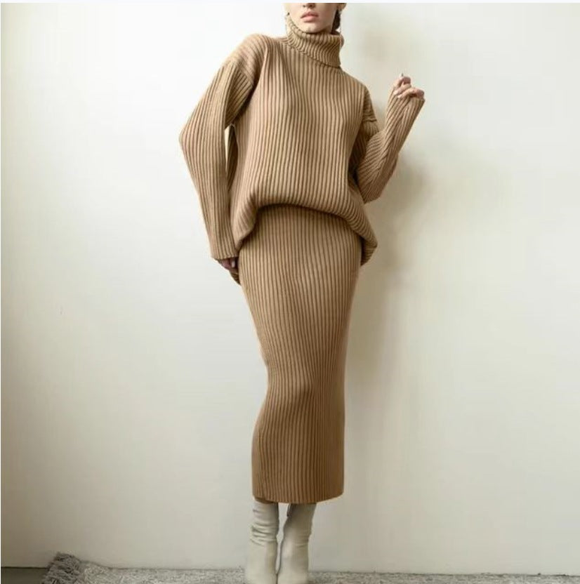 Damen Strickset mit hohem Kragen und weichem Rippdesign EB