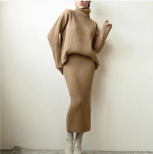 Damen Strickset mit hohem Kragen und weichem Rippdesign EB