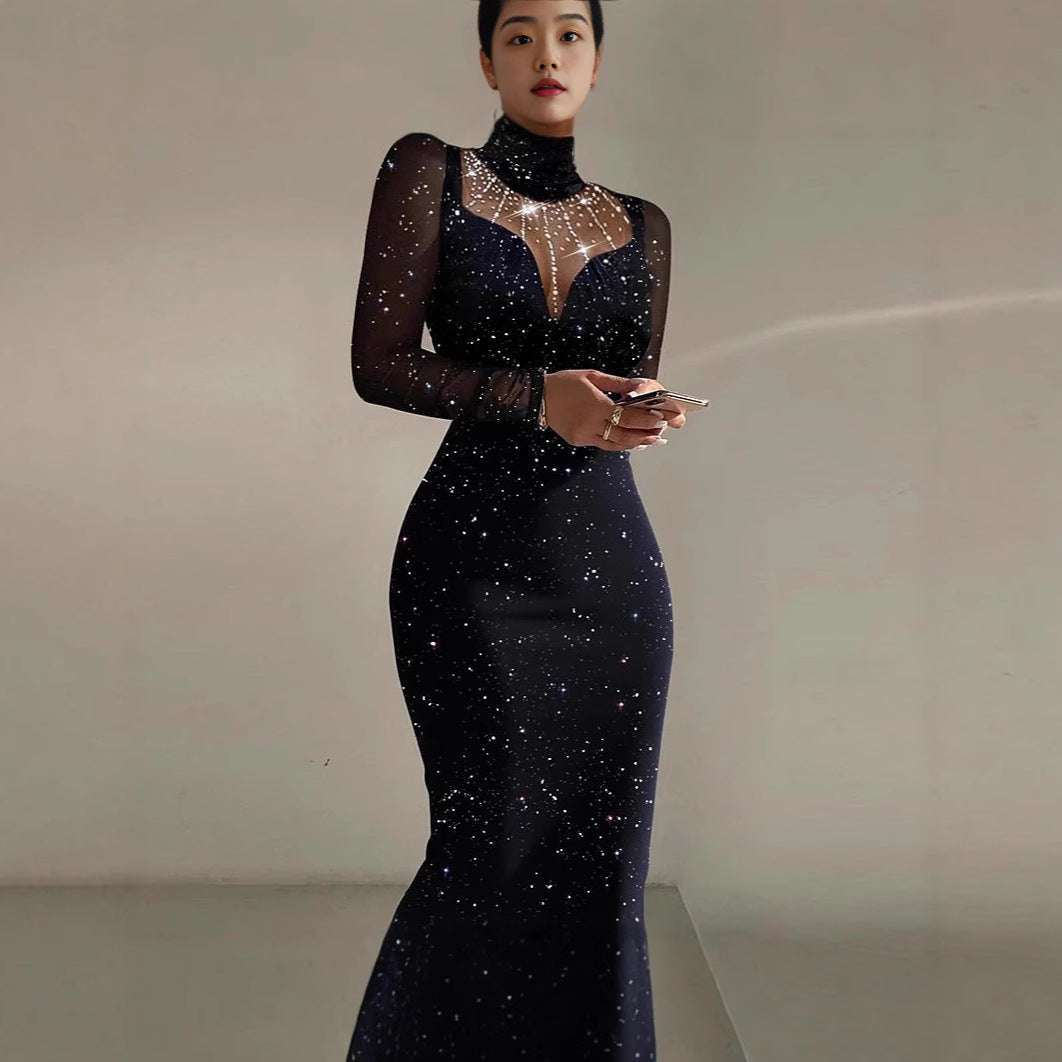 Damen Elegantes Abendkleid mit transparenten Ärmeln und schimmerndem Sternenmuster EB