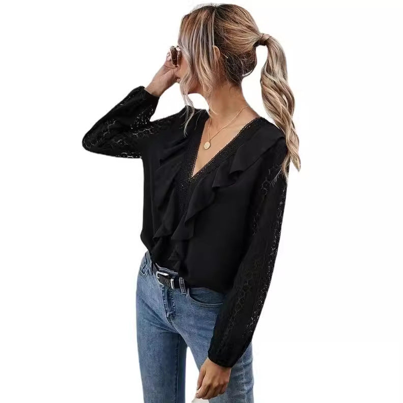 Damen Rüschenbluse mit transparenten Ärmeln und feinen Spitzenakzenten EB