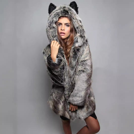Damen Kuscheliger Kunstfell-Mantel mit Kapuze und Ohren EB