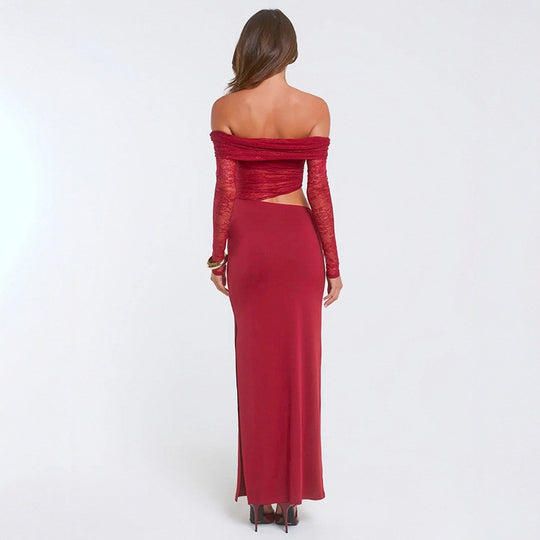 Damen elegantes Off-Shoulder-Maxikleid mit asymmetrischem Schnitt und transparenter Spitze EB