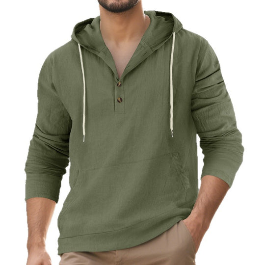 Herren nan Leinenoptik Henley-Kapuzenpullover mit Knopfleiste und Kängurutasche EB