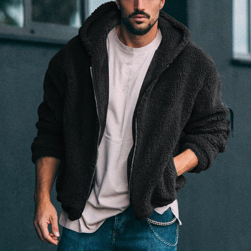 Herren kuschelige Fleecejacke mit großzügiger Kapuze und Reißverschluss EB